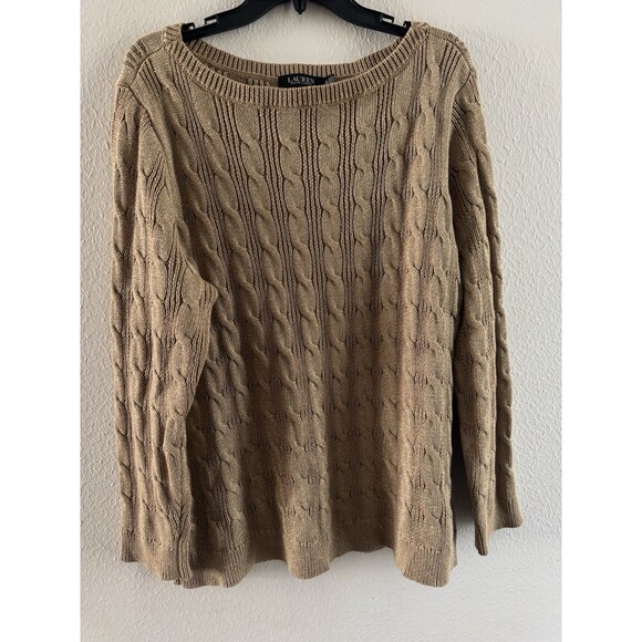 Ralph Lauren Cable-Knit Cotton-Blend Boatneck Sweater Gold Lurex plus size 3x - Picture 7 of 16